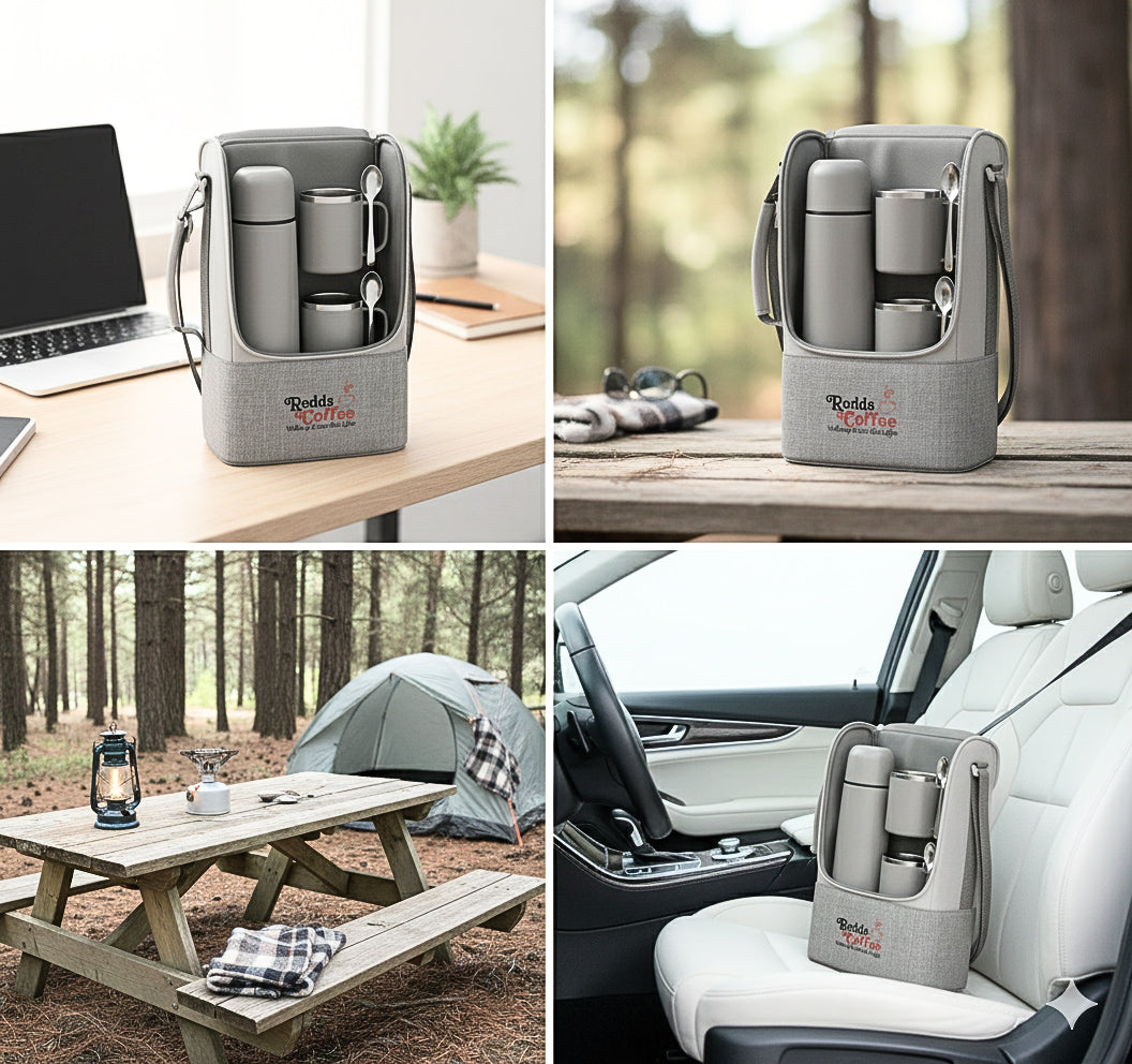 Collage of a portable coffee set in various settings including a car, picnic table, and office.